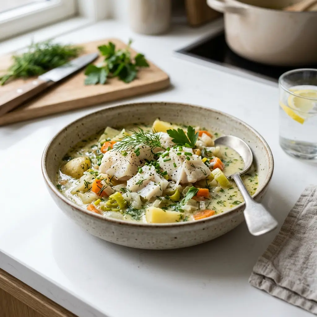 Fischeintopf mit Kabeljau und Kräutern fertig als warme Suppe serviert