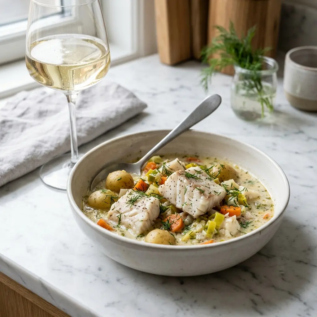 Fischeintopf mit Plattfisch fertig als warme Suppe serviert