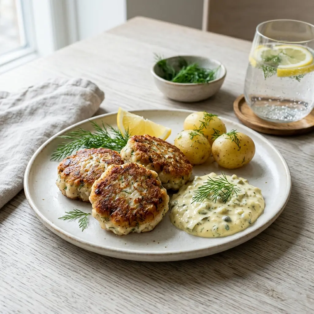 Fischfrikadellen aus Scholle fertig als Gericht serviert