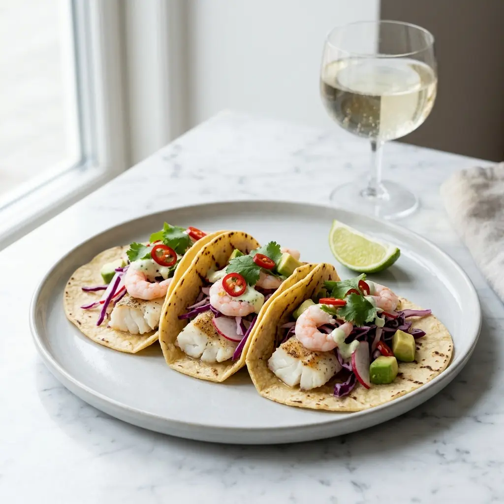 Fischtacos mit Garnelen fertig als Gericht serviert