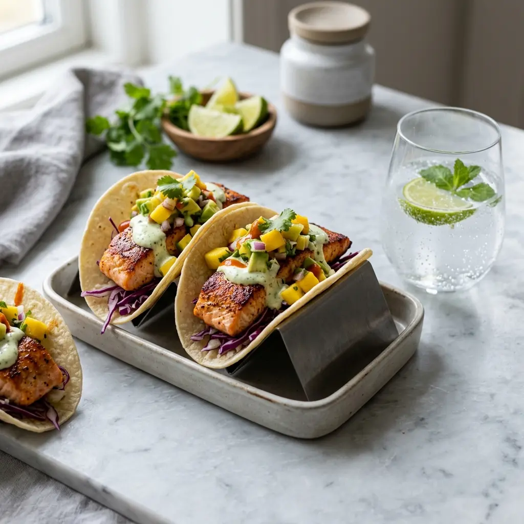 Fischtacos mit Lachs fertig als Gericht serviert