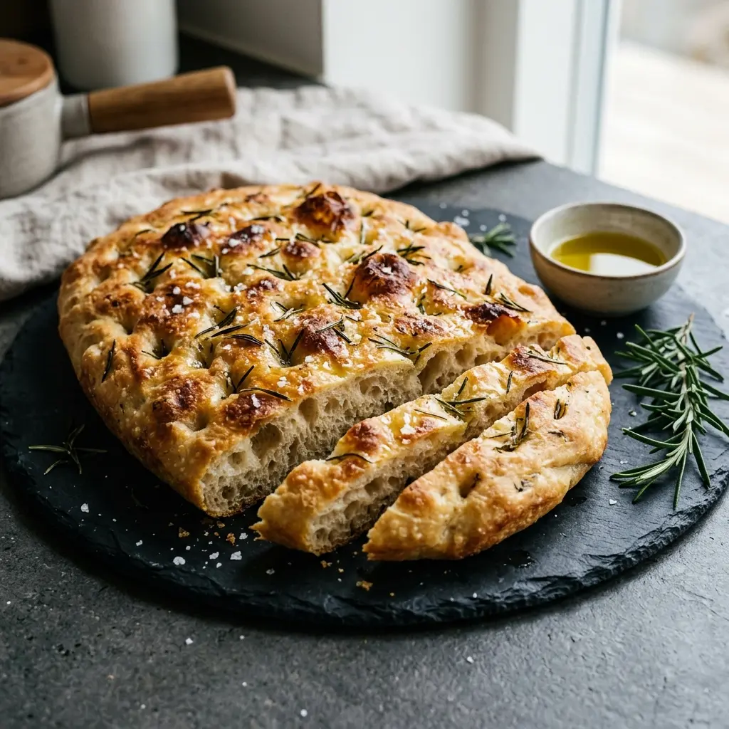 Serviervorschlag für Focaccia mit Rosmarin frisch und appetitlich angerichtet