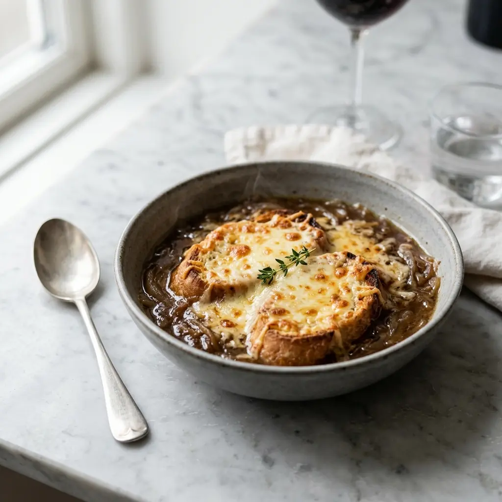 Eine warme Portion Französische Zwiebelsuppe appetitlich serviert