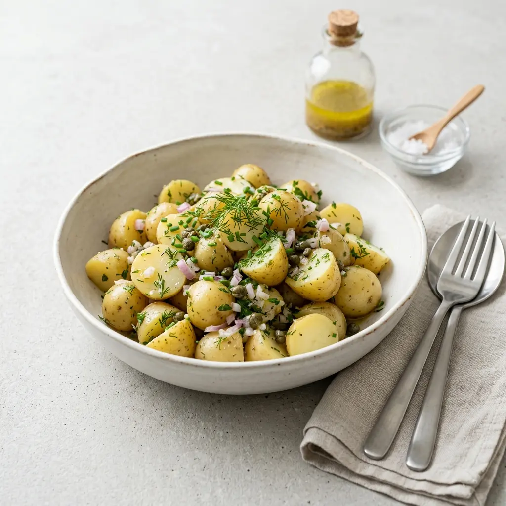 Frische Portion Französischer Kartoffelsalat mit ansprechender hausgemachter Präsentation