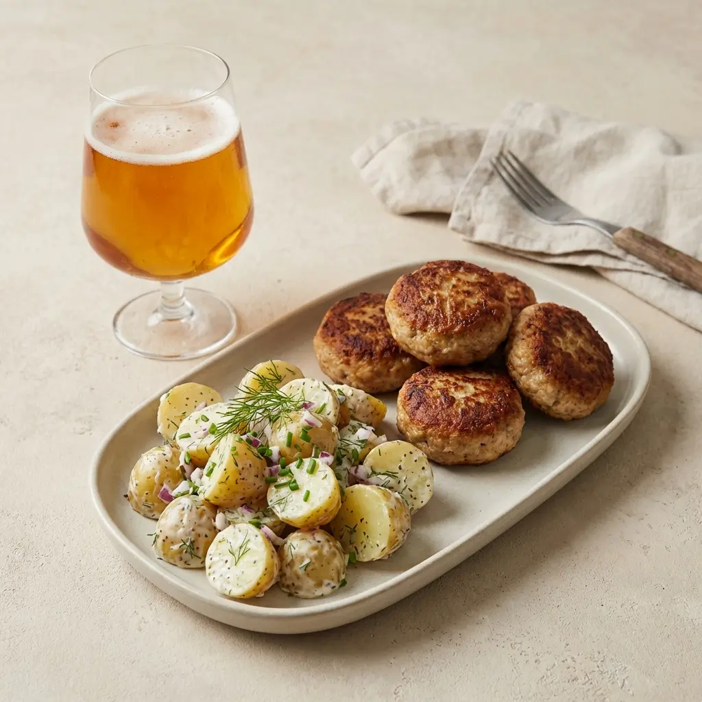 Frische Portion Frikadellen mit kaltem Kartoffelsalat mit ansprechender hausgemachter Präsentation