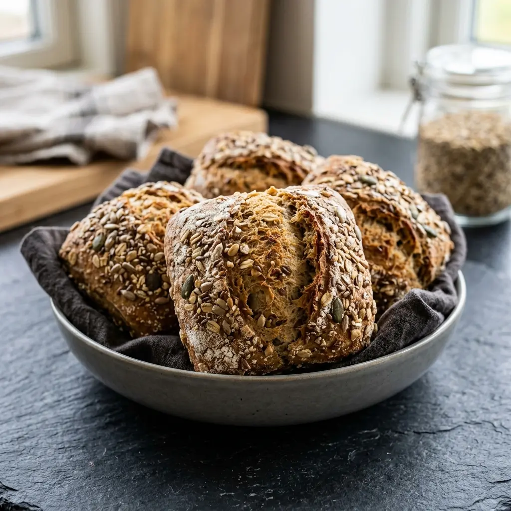 Serviervorschlag für Fünfkornbrötchen frisch und appetitlich angerichtet