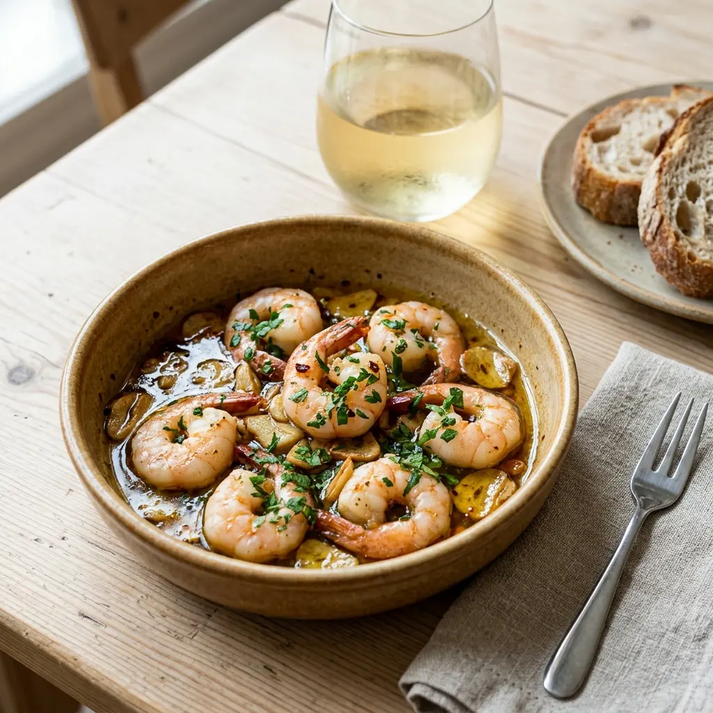 Gambas al ajillo fertig als Gericht serviert