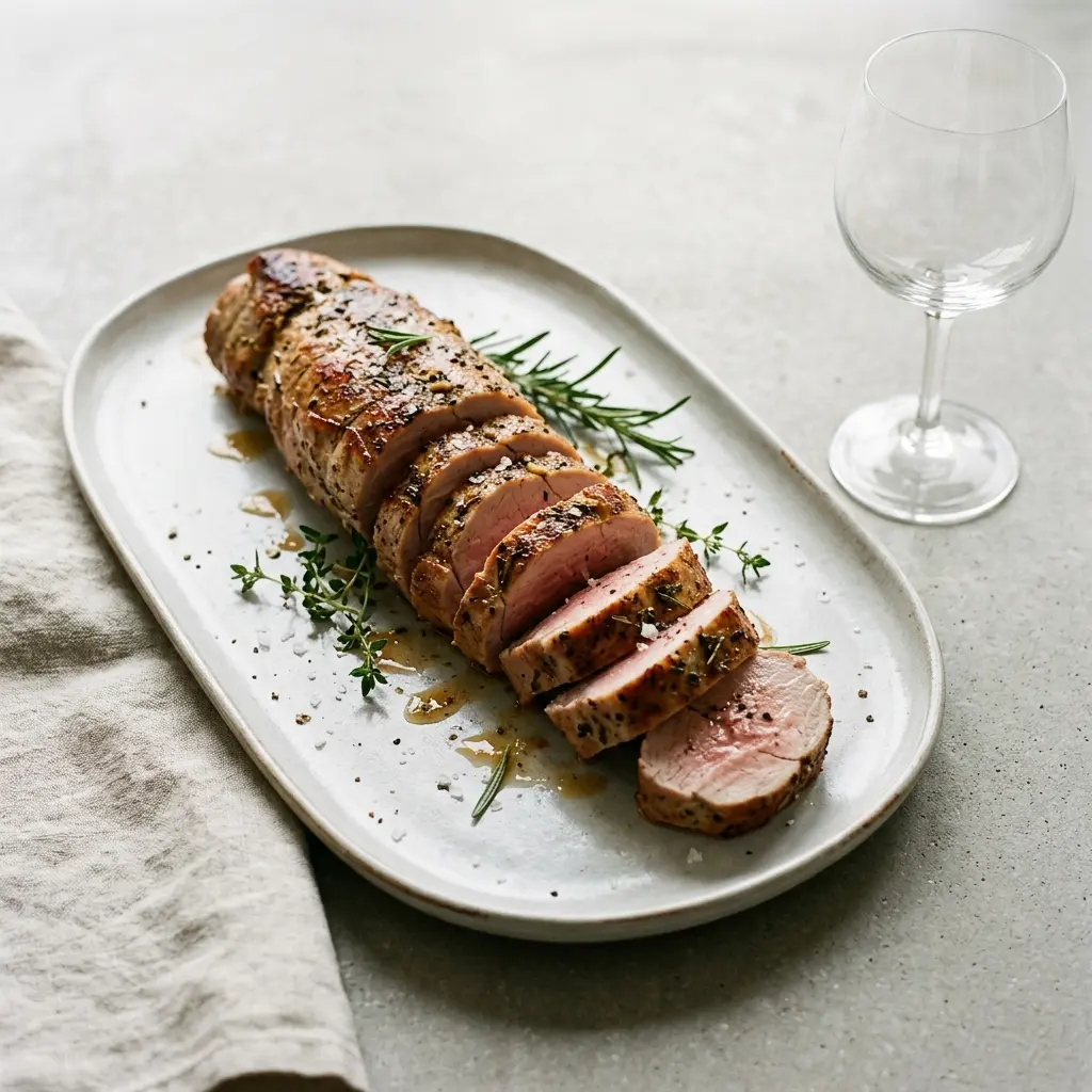 Ganzes Schweinefilet fertig als Gericht serviert