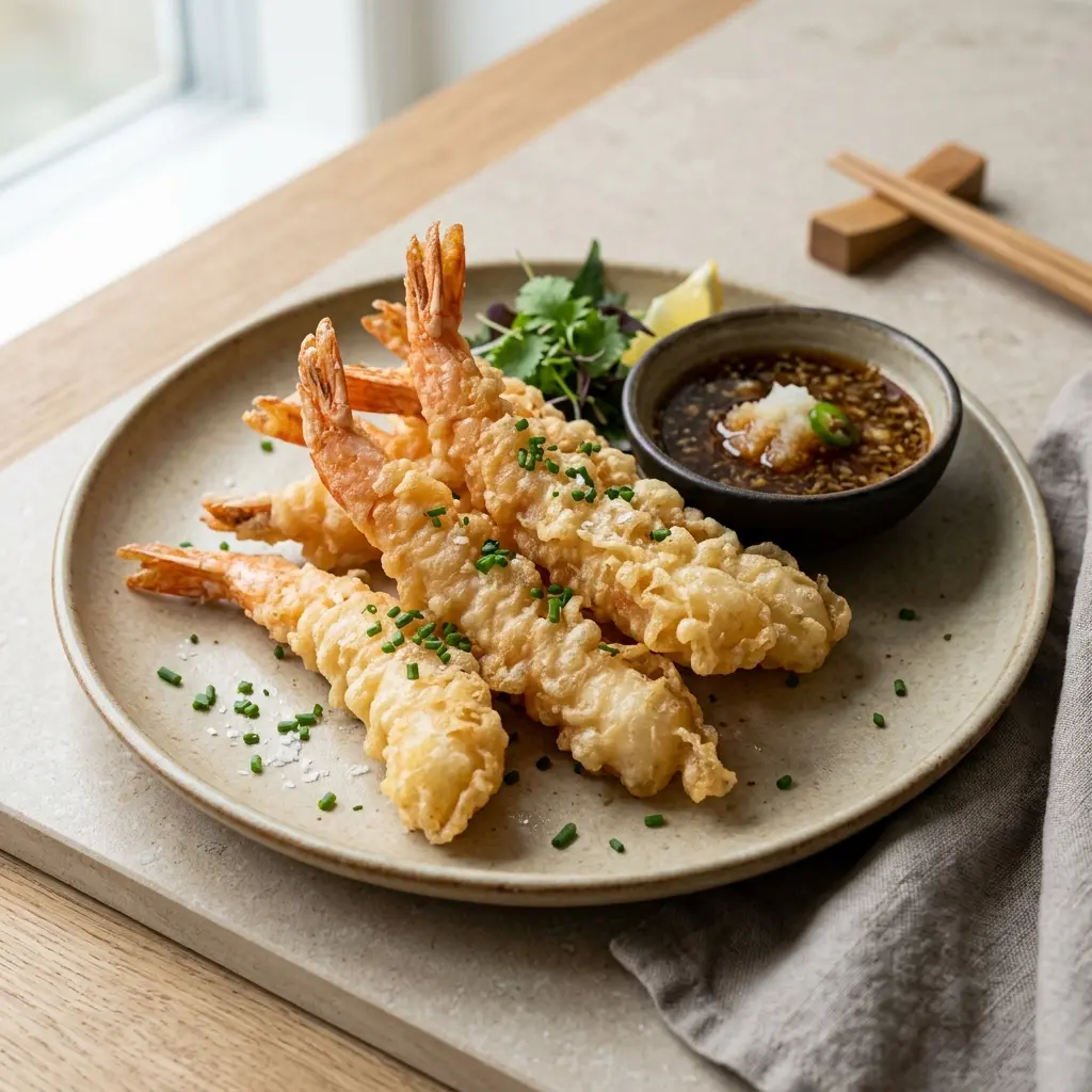 Garnelen in Tempura fertig als Gericht serviert