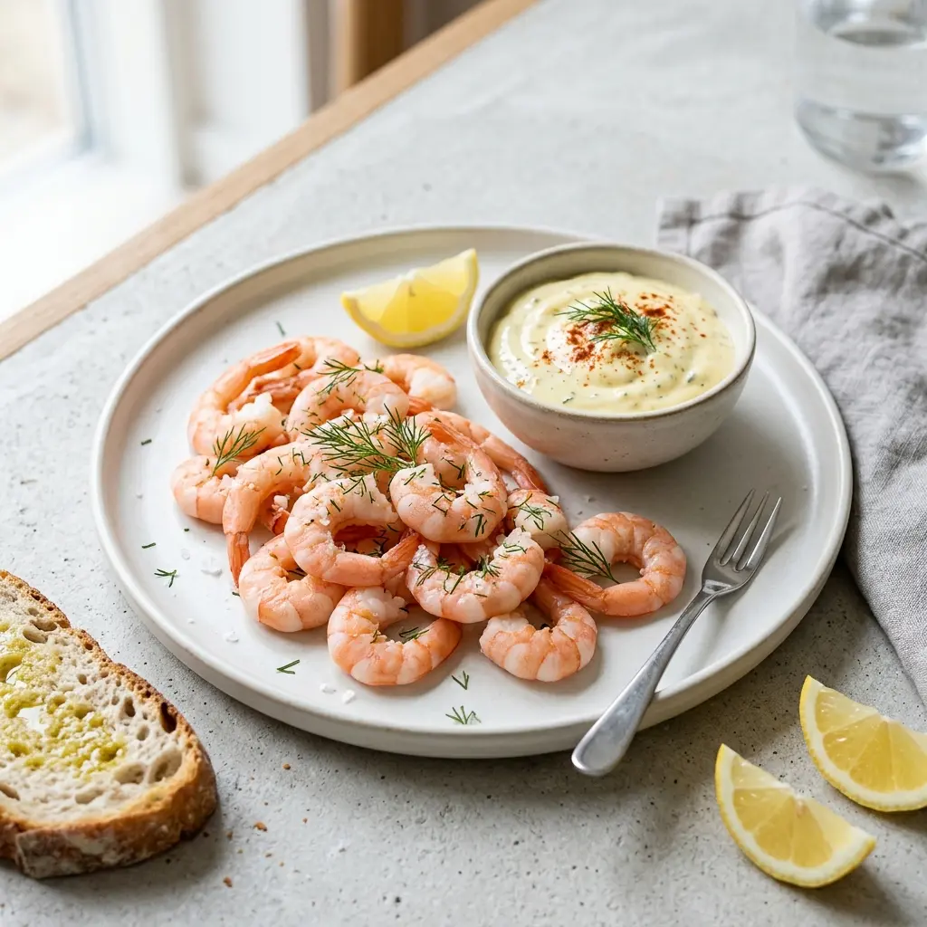 Garnelen mit Aioli fertig als Gericht serviert
