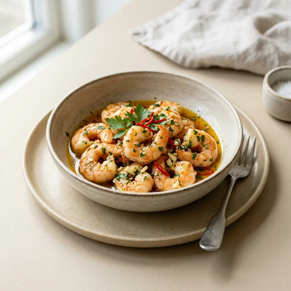Garnelen mit Knoblauch und Chili fertig als Gericht serviert