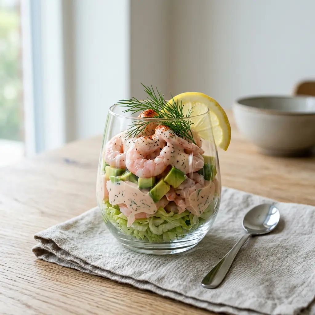 Garnelencocktail mit Avocado fertig als Gericht serviert