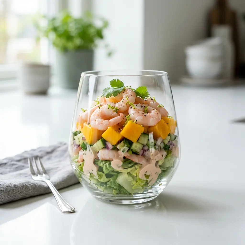Garnelencocktail mit Mango fertig als Gericht serviert
