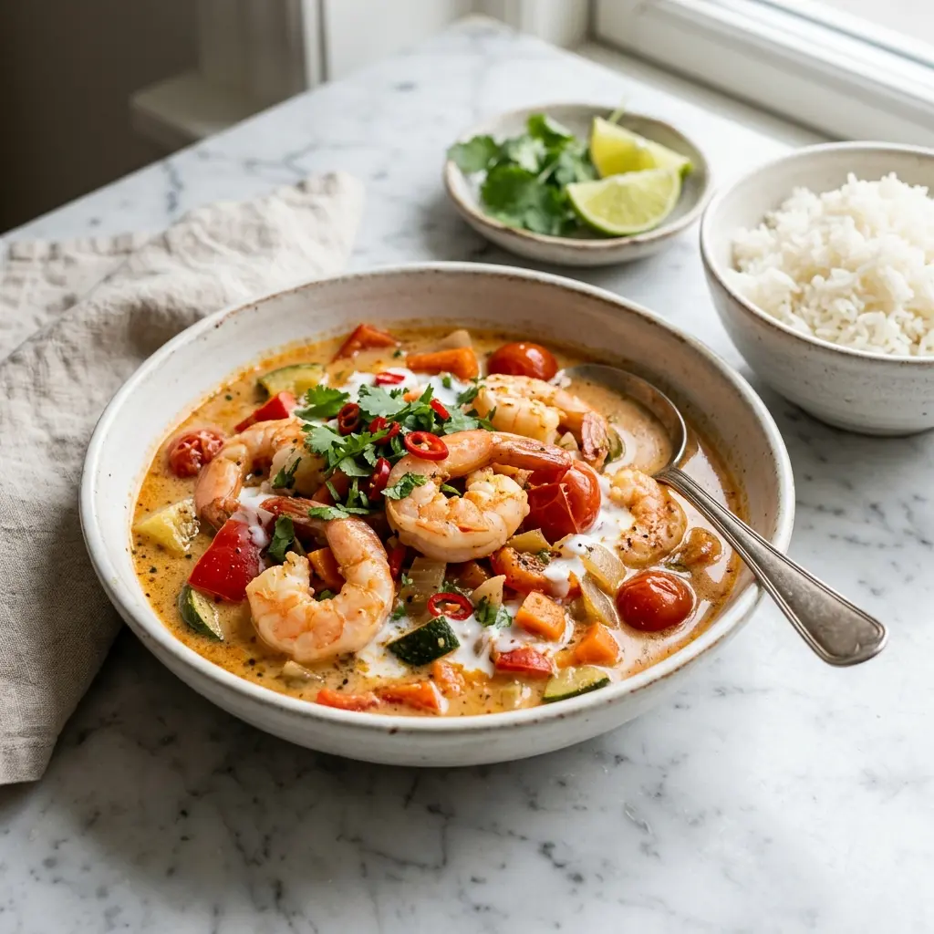 Garneleneintopf mit Kokosmilch fertig als warme Suppe serviert