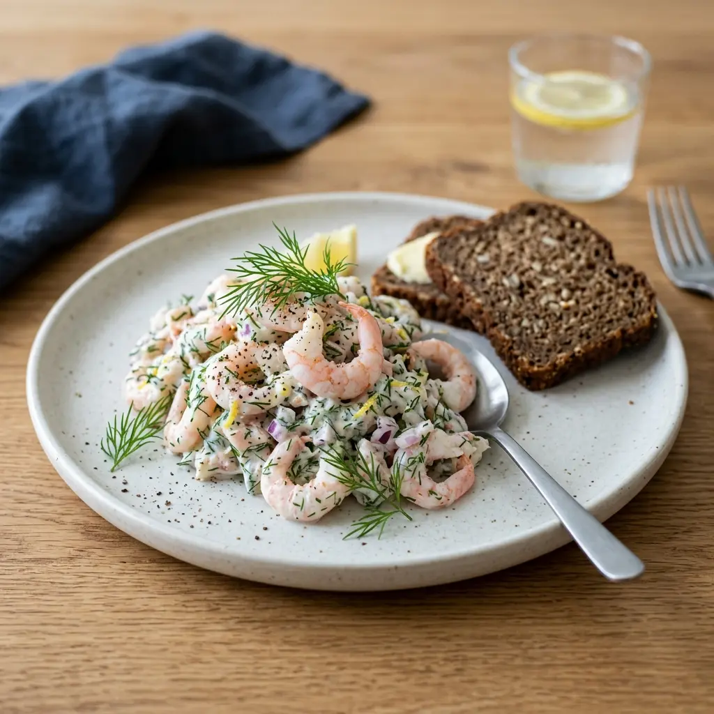 Frische Portion Garnelensalat mit Dill mit ansprechender hausgemachter Präsentation