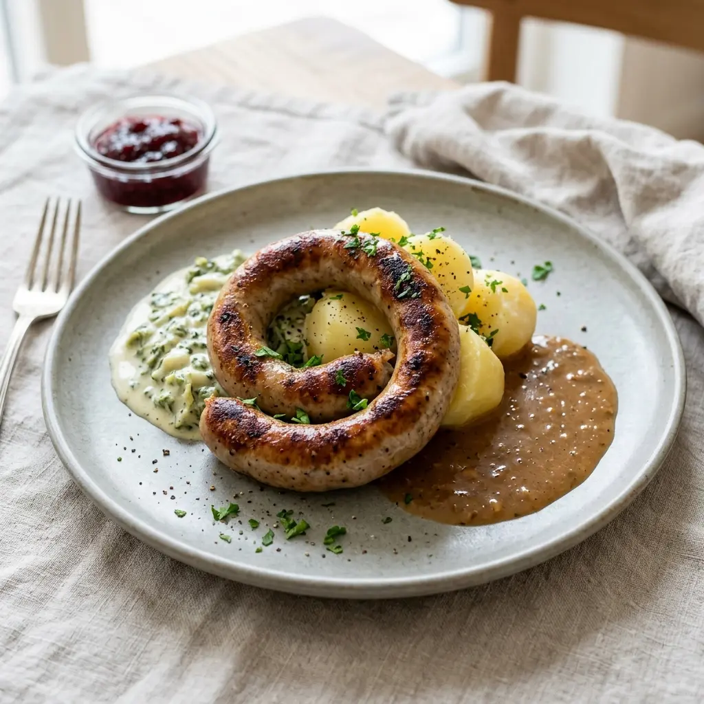 Gebratene Medisterwurst fertig als Gericht serviert