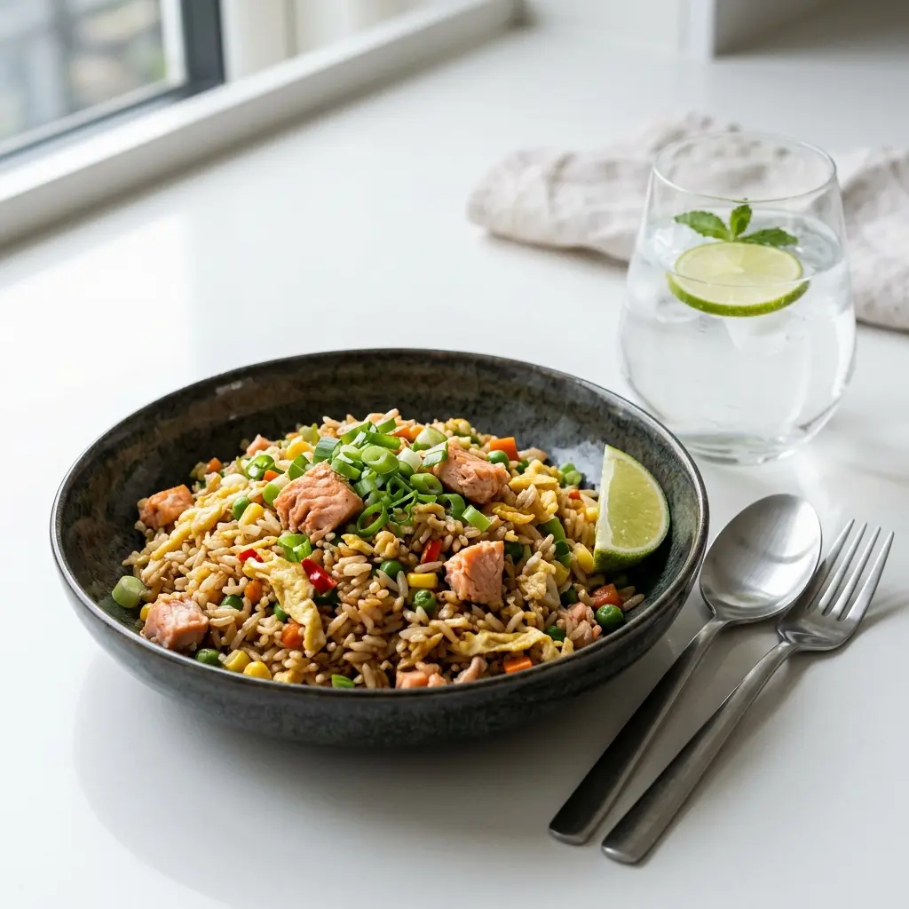 Gebratener Reis mit Lachs fertig als Gericht serviert