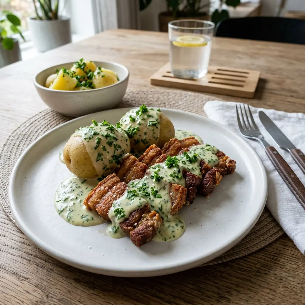 Gebratener Schweinebauch mit Petersiliensauce fertig als Gericht serviert