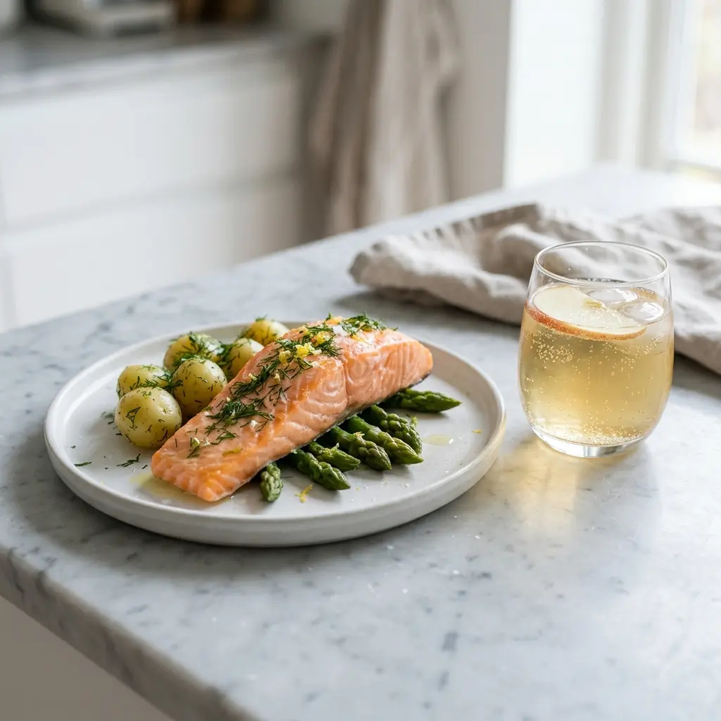 Gedämpfter Lachs fertig als Gericht serviert