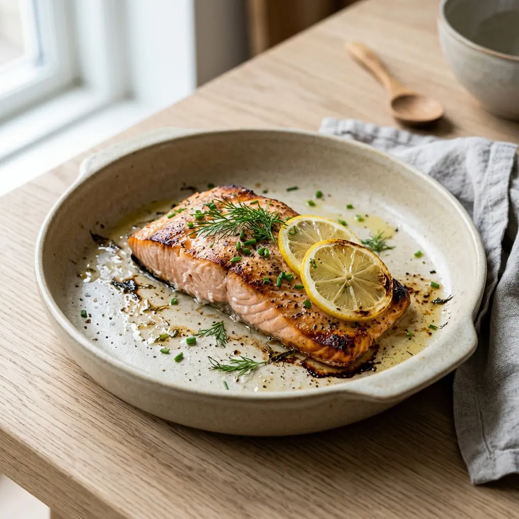 Gefrorener Lachs aus dem Ofen fertig als Gericht serviert