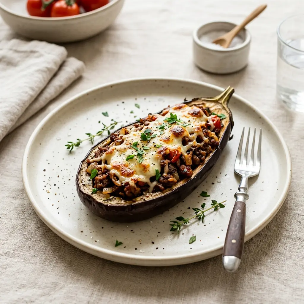 Gefüllte Aubergine fertig als Gericht serviert