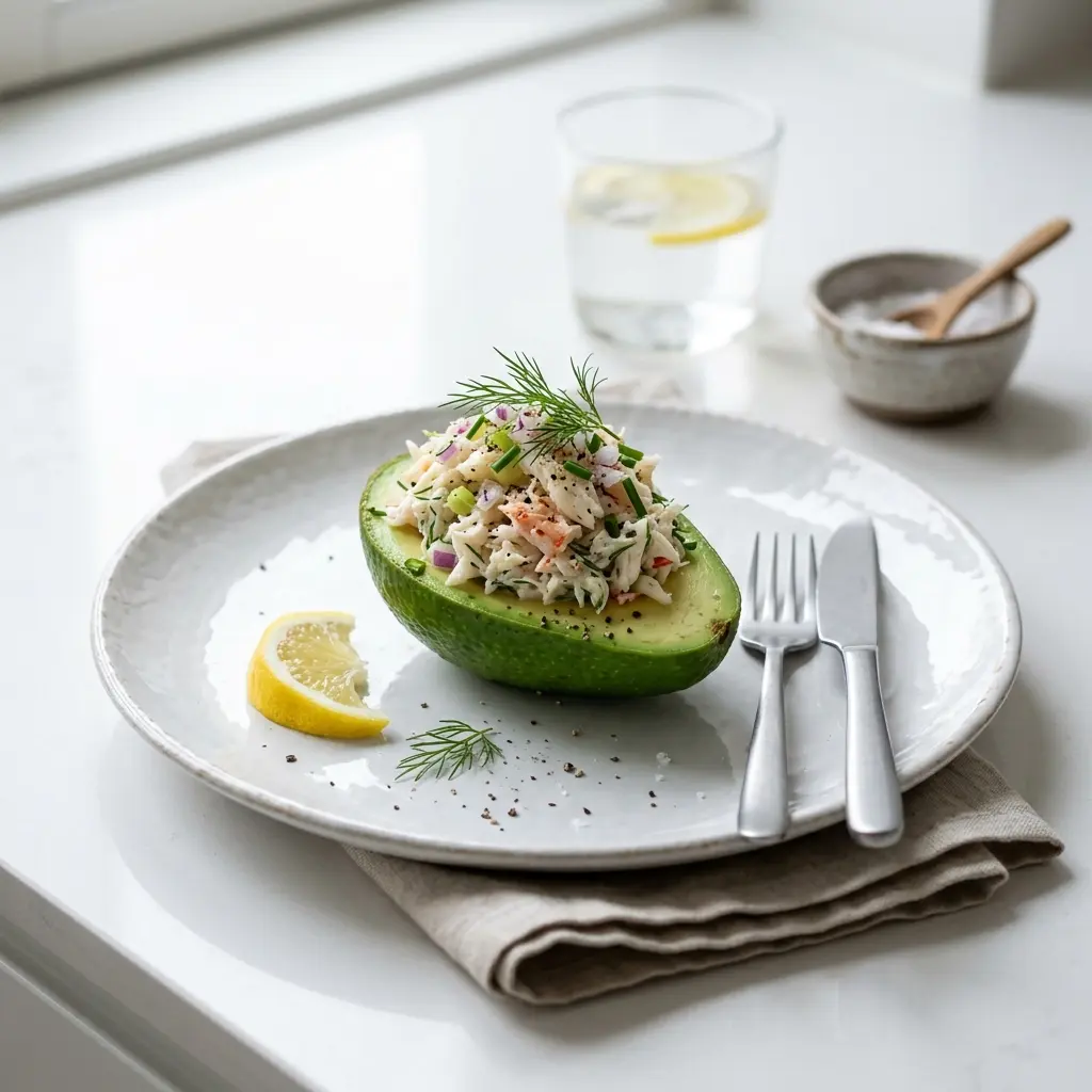 Gefüllte Avocado mit Krabbe fertig als Gericht serviert