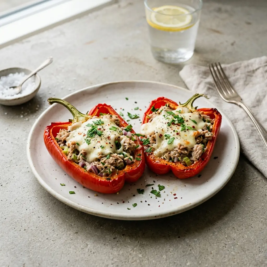 Gefüllte Paprika mit Thunfisch fertig als Gericht serviert