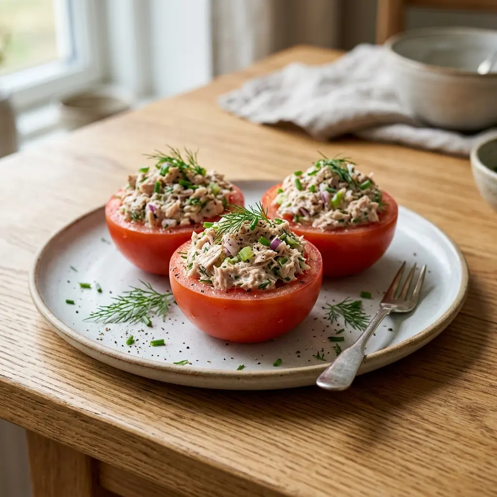 Frische Portion Gefüllte Tomaten mit Thunfischsalat mit ansprechender hausgemachter Präsentation