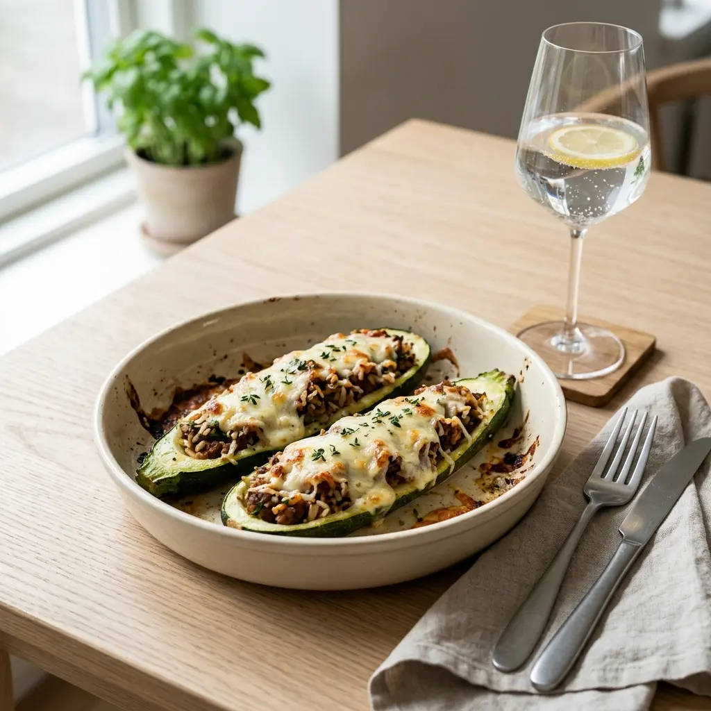 Gefüllte Zucchini fertig als Gericht serviert