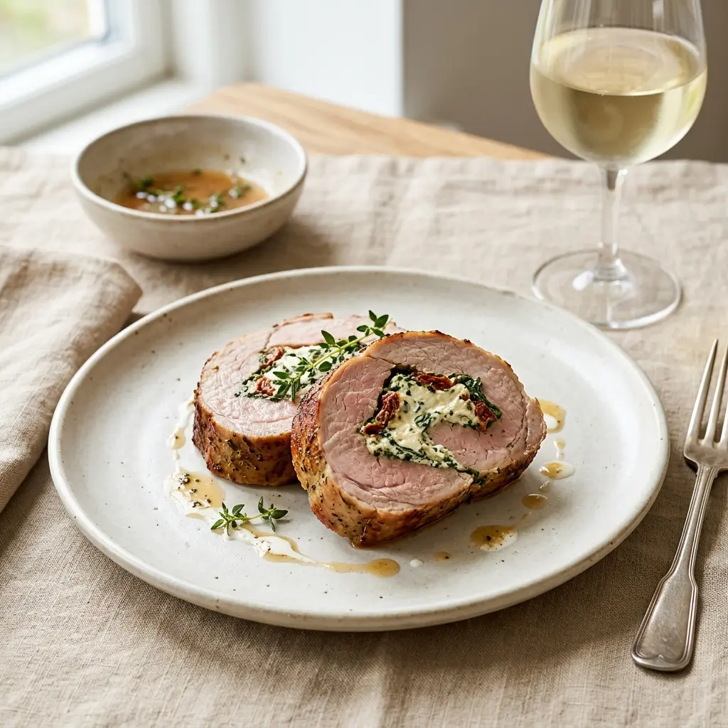 Gefülltes Schweinefilet mit Frischkäse fertig als Gericht serviert