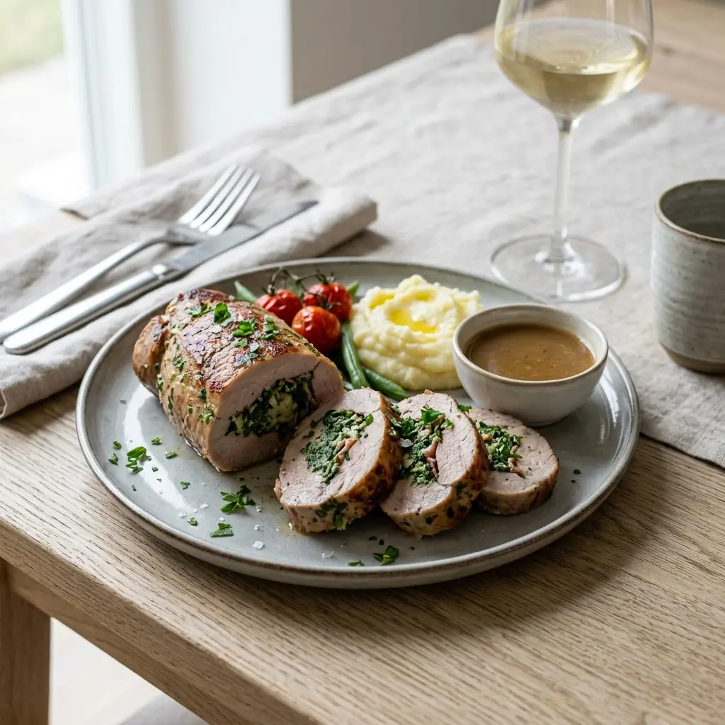 Gefülltes Schweinefilet mit Petersilie fertig als Gericht serviert