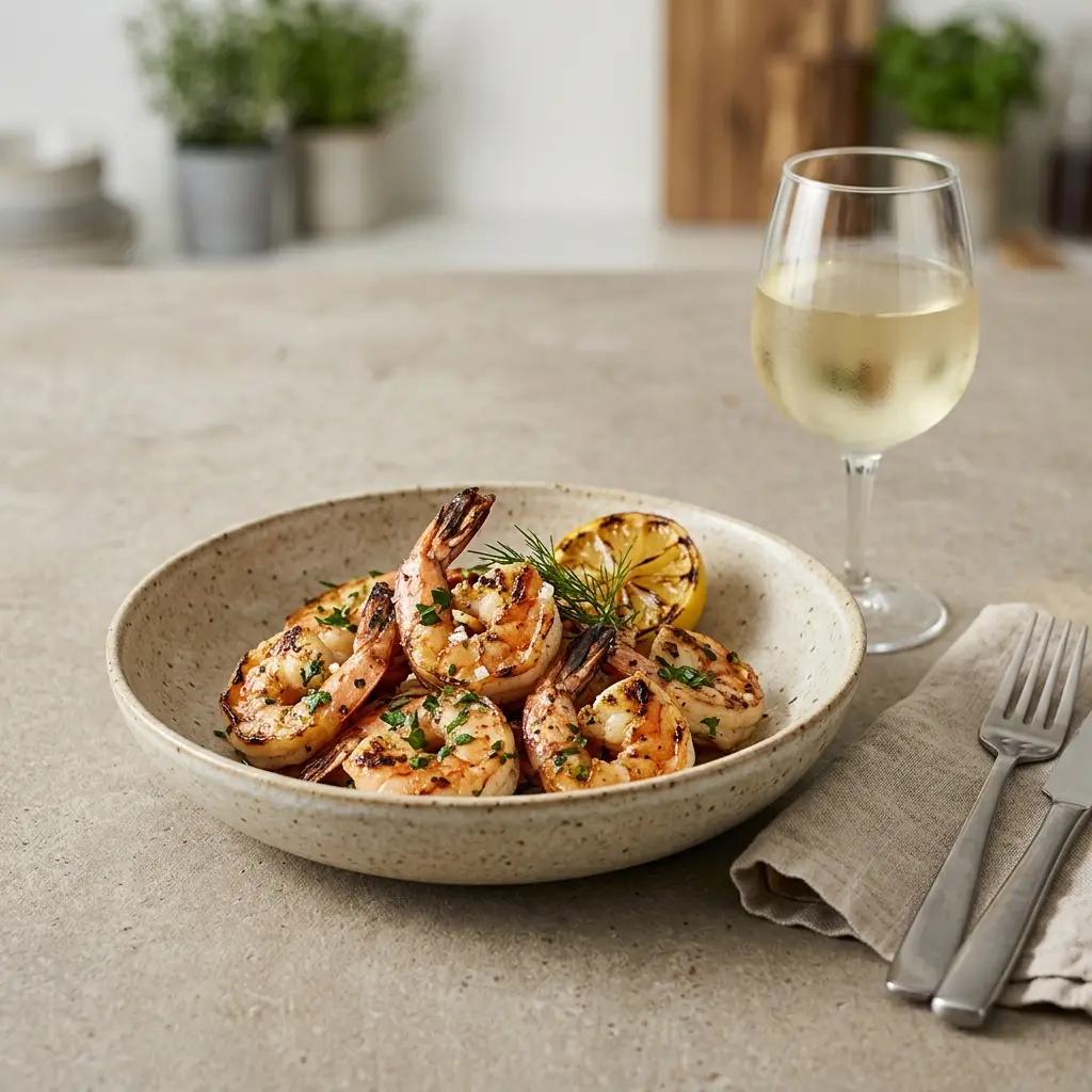 Gegrillte Garnelen fertig als Gericht serviert