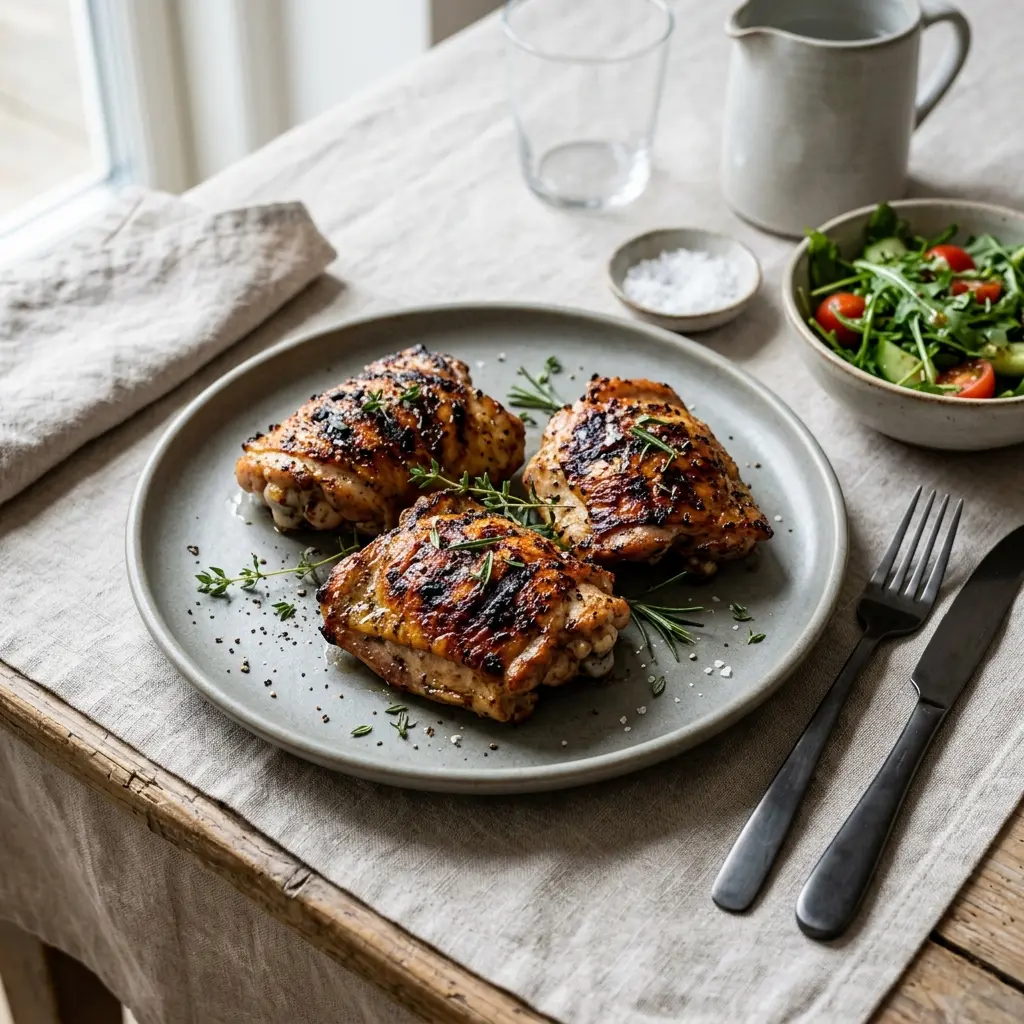 Gegrillte Hähnchenschenkel fertig als Gericht serviert