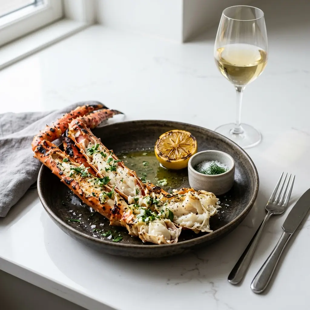 Gegrillte Königskrabbe fertig als Gericht serviert