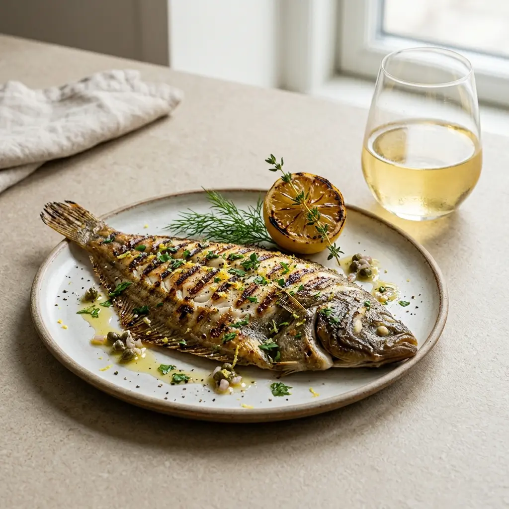 Gegrillte Seezunge fertig als Gericht serviert