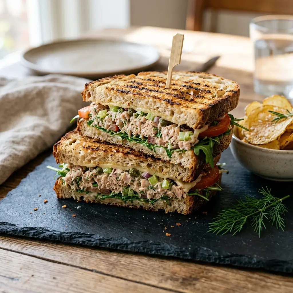 Gegrilltes Thunfischsandwich fertig als Gericht serviert