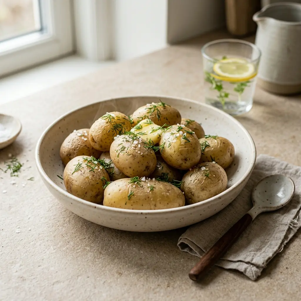 Gekochte Kartoffeln fertig als Gericht serviert