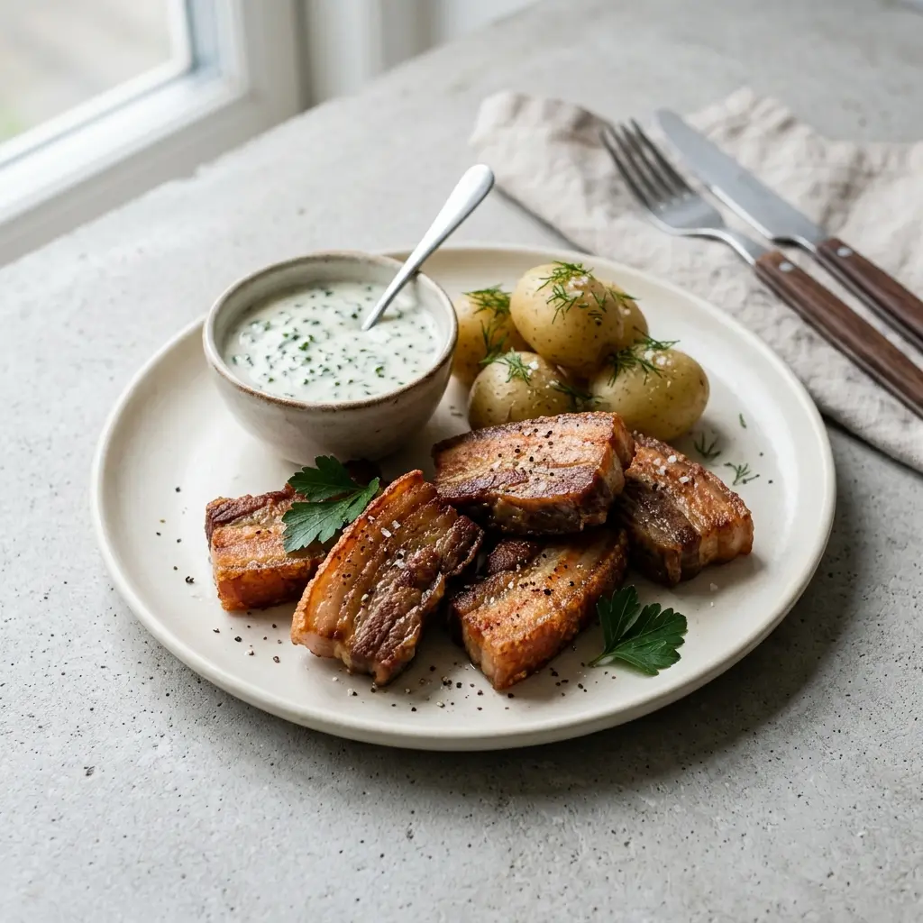 Gesalzener Schweinebauch fertig als Gericht serviert