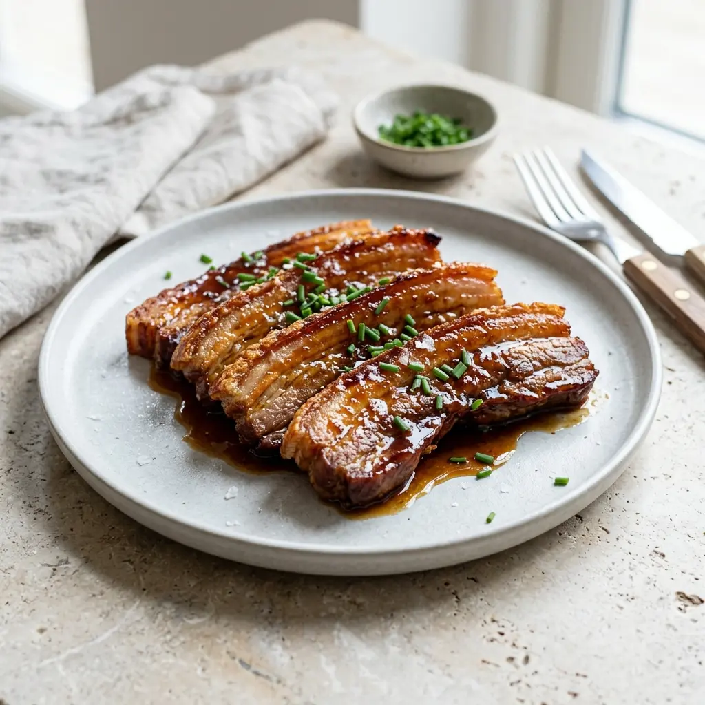 Glasierter durchwachsener Schweinebauch fertig als Gericht serviert