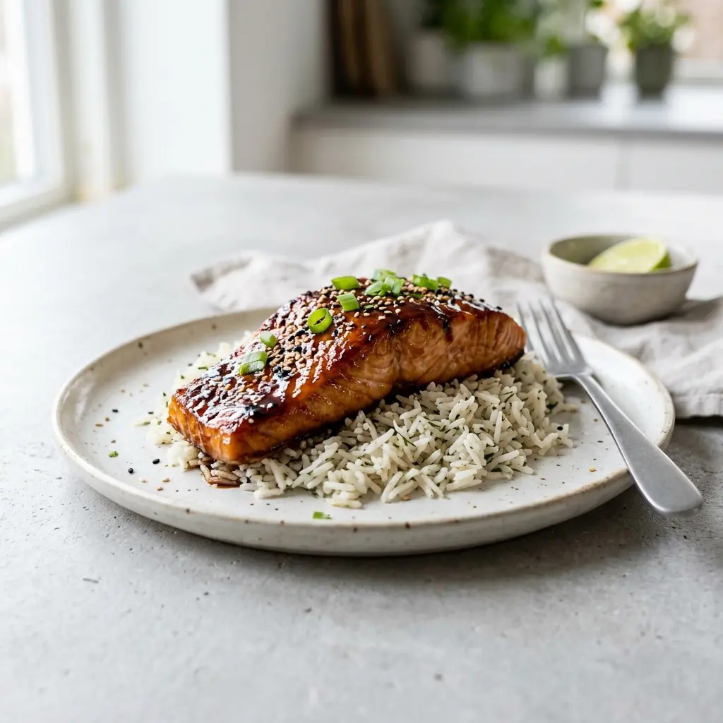 Glasierter Lachs fertig als Gericht serviert