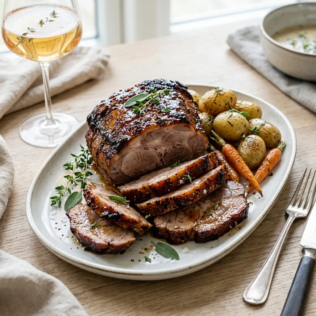 Glasierter Schweinenacken fertig als Gericht serviert