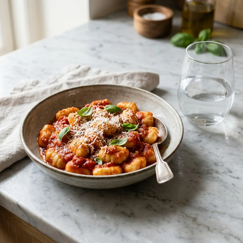 Eine Schale Gnocchi mit Tomatensauce als geschmackvolle Beilage serviert