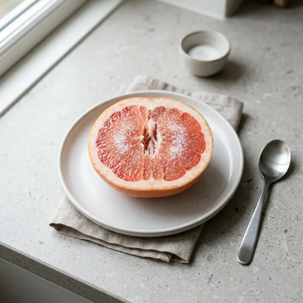 Grapefruit mit Zucker fertig als Gericht serviert