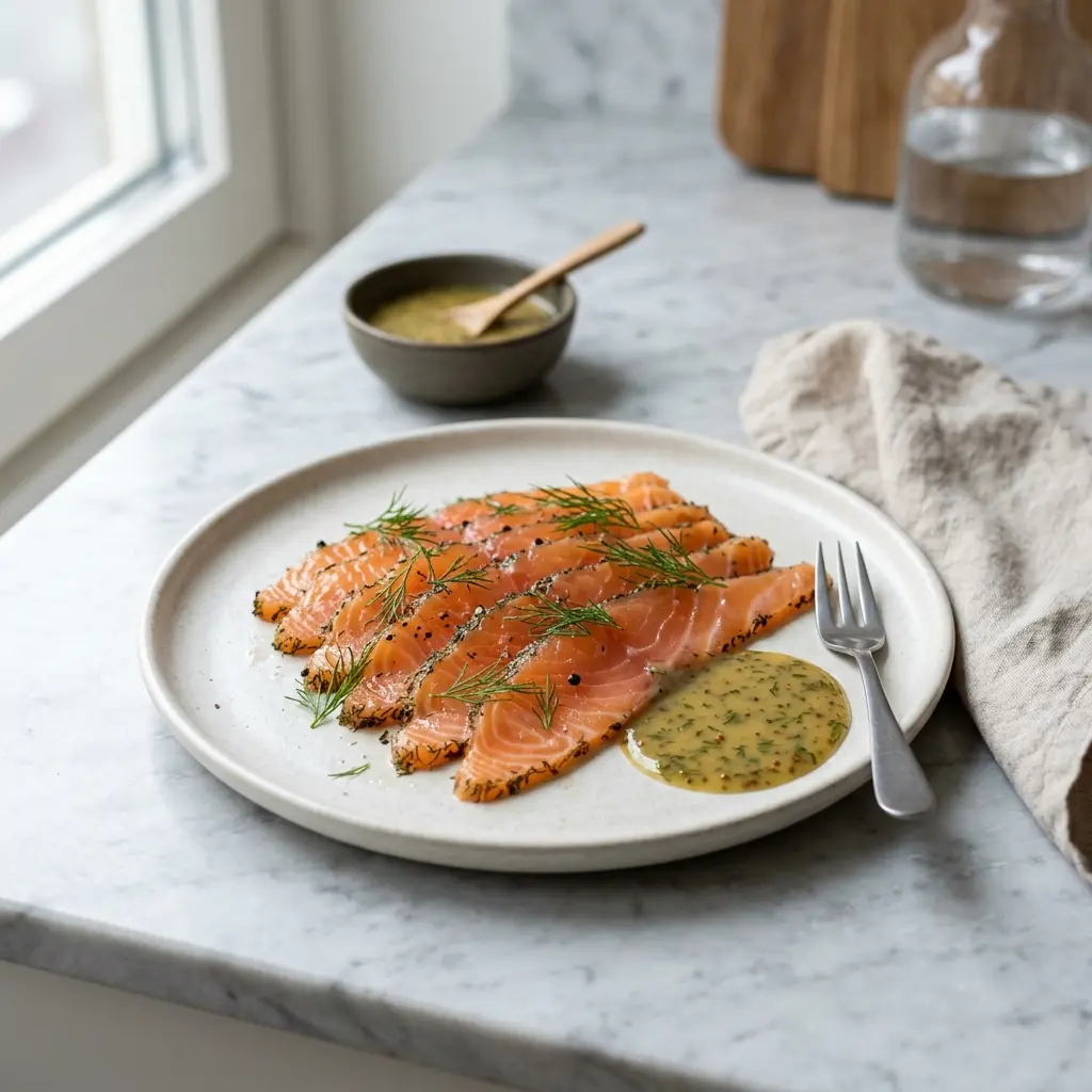 Graved Lachs fertig als Gericht serviert