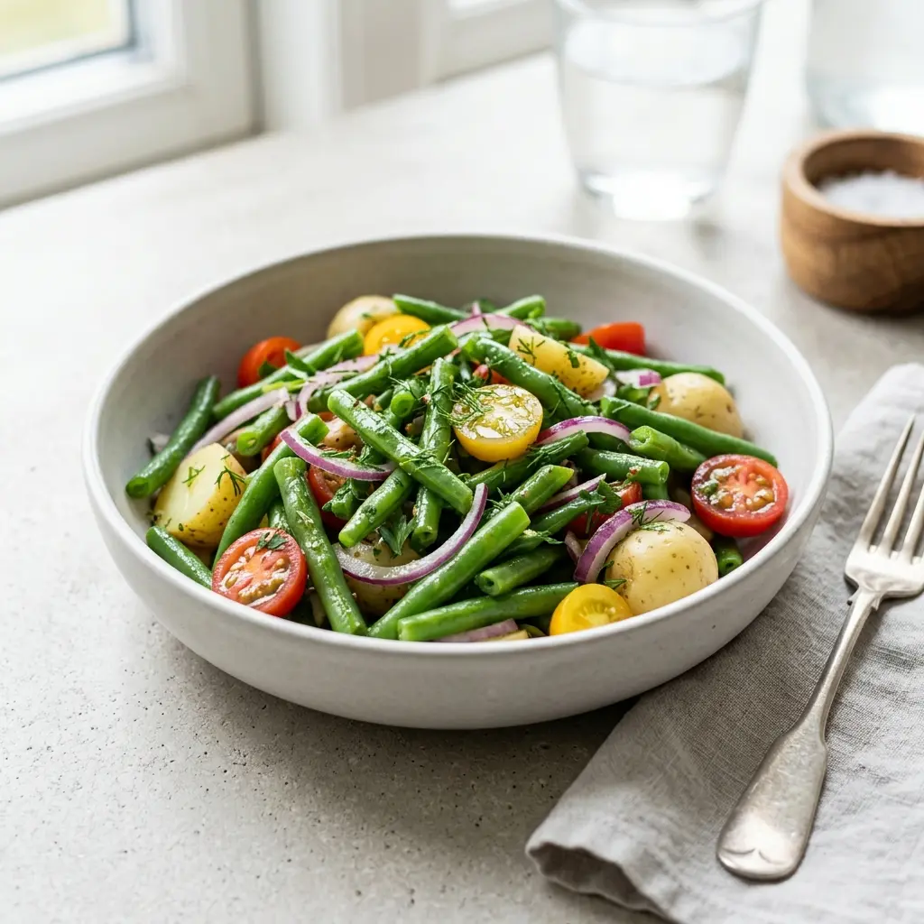 Frische Portion Grüner Bohnensalat mit ansprechender hausgemachter Präsentation