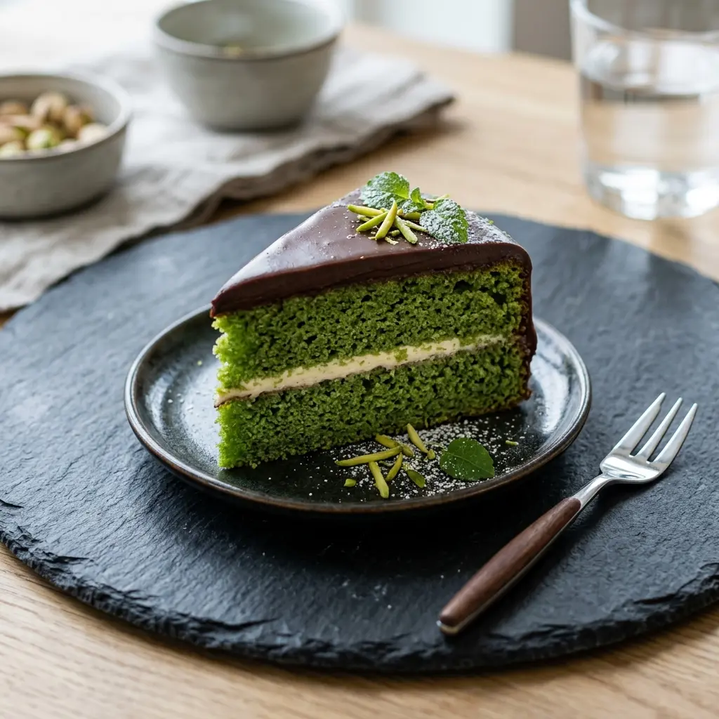 Grüner Giftkuchen als süßes und hausgemachtes Dessert serviert
