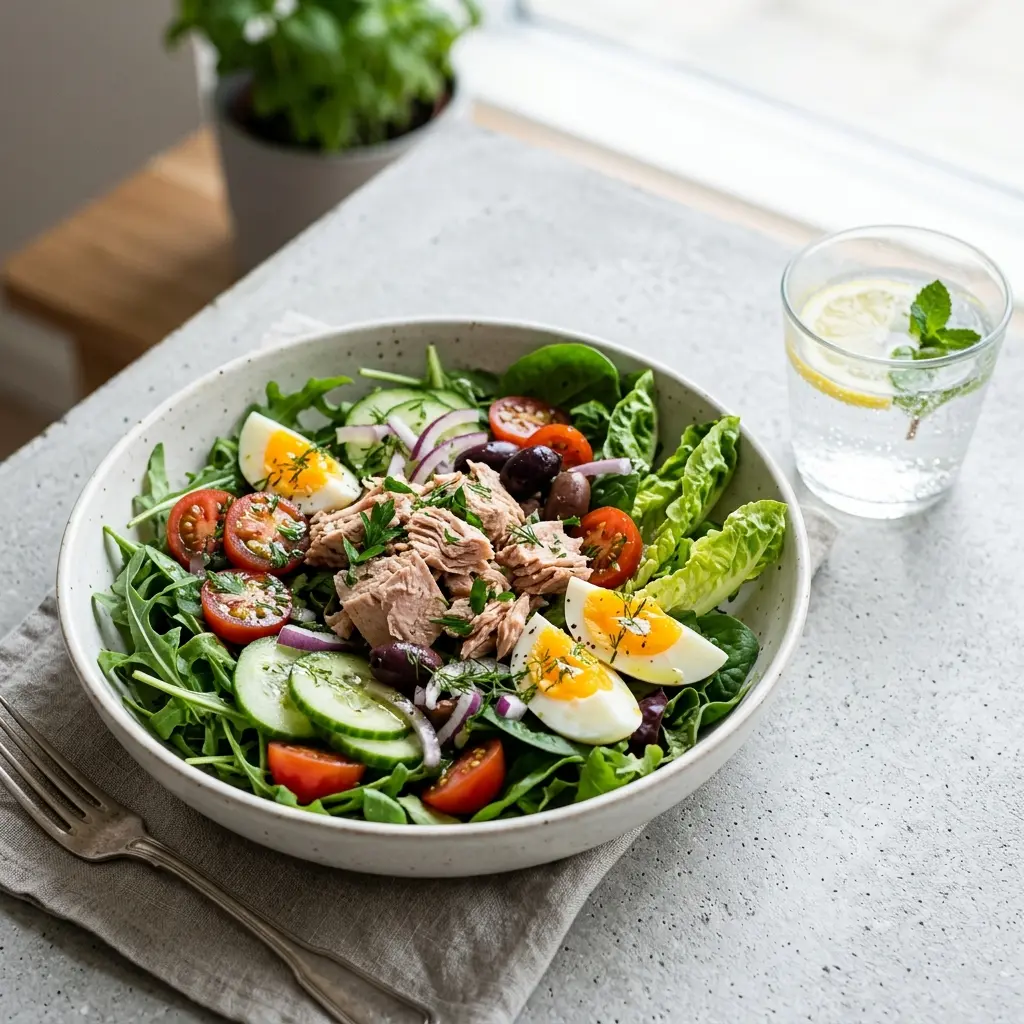 Frische Portion Grüner Salat mit Thunfisch mit ansprechender hausgemachter Präsentation