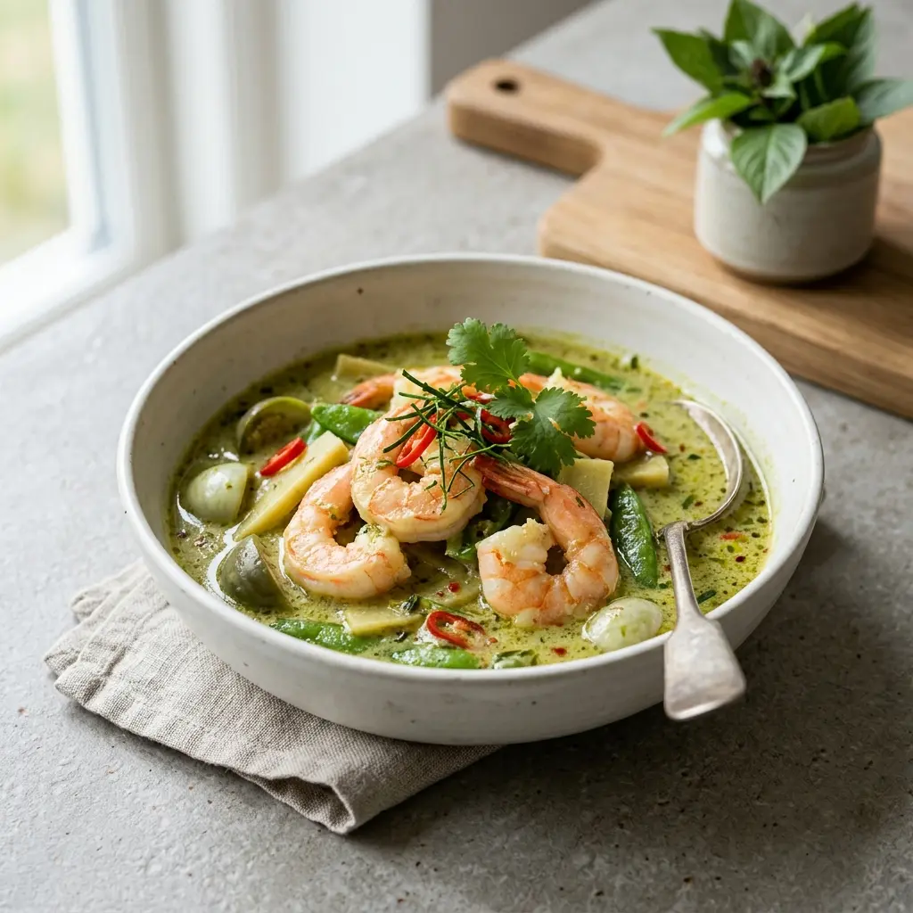 Grünes Curry mit Garnelen fertig als Gericht serviert