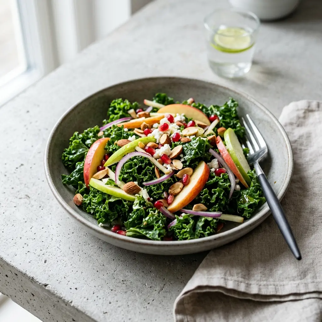 Frische Portion Grünkohlsalat mit Apfel mit ansprechender hausgemachter Präsentation