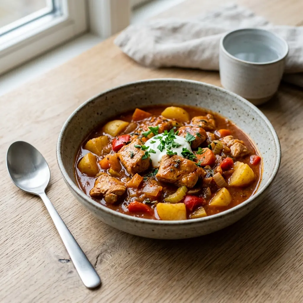Gulasch mit Pute fertig als Gericht serviert